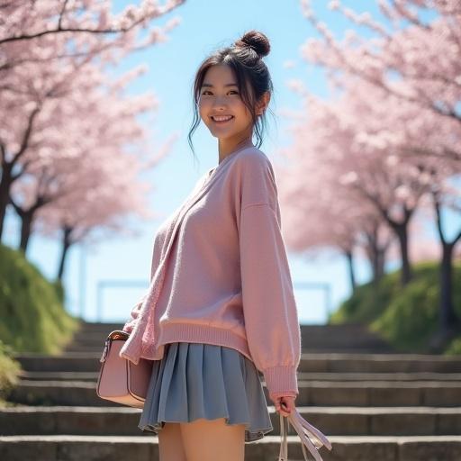 Young woman smiles back at camera walking up steps surrounded by cherry trees. She wears light pink cardigan and grey mini skirt with pink handbag. Bright sunny day with blue sky in background.