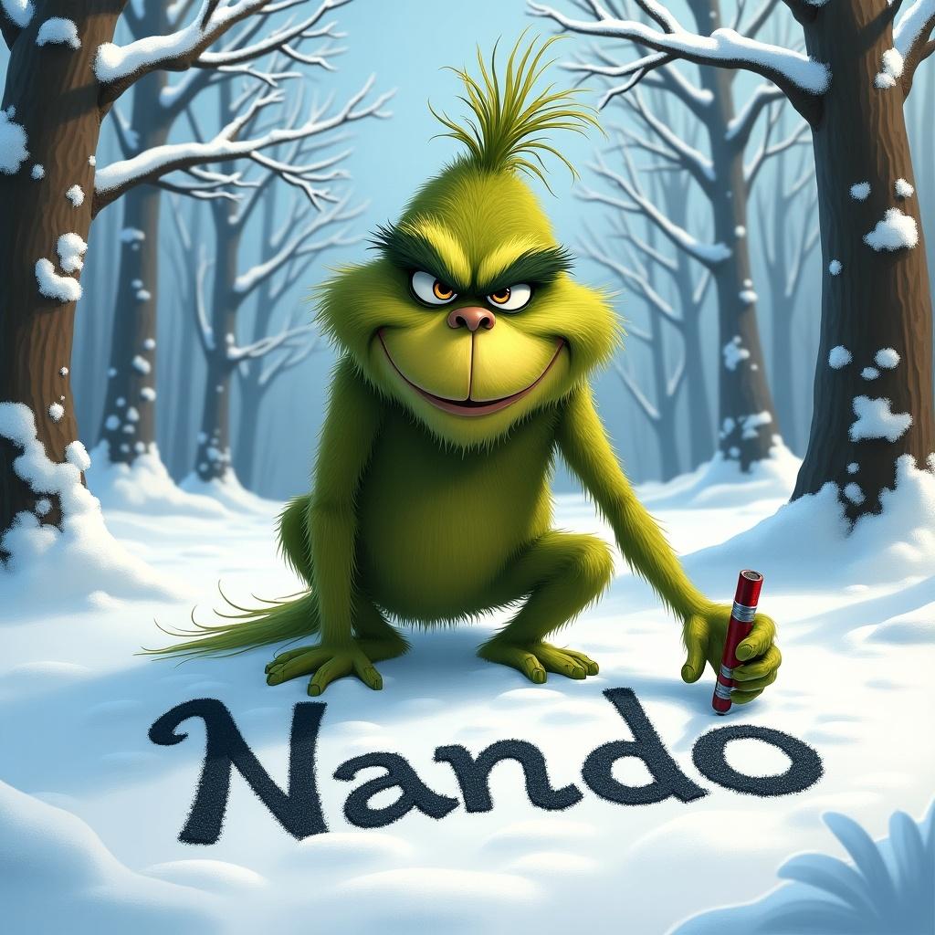 A whimsical character writes Nando in the snow. The snowy background features trees. The scene captures a playful and festive atmosphere.