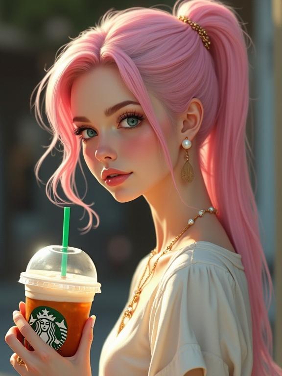 A girl with pastel pink hair tied in a ponytail. She has an elegant earring and holds a Starbucks drink. Her style reflects a valley girl image from the 2010s. She wears a casual shirt and has soft features.