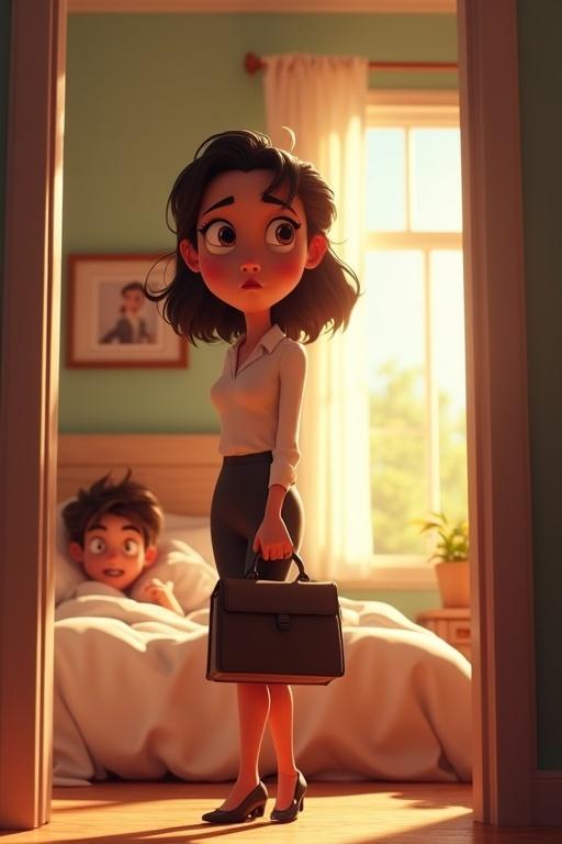 A cartoon scene in a CGI universe. A woman in a professional outfit stands in a doorway. She has wavy hair and a shocked expression. A man in bed with messy hair looks panicked. A woman dives under the covers. The room is sunlit and cozy. A photo on the nightstand tilts. The atmosphere captures an emotional moment.