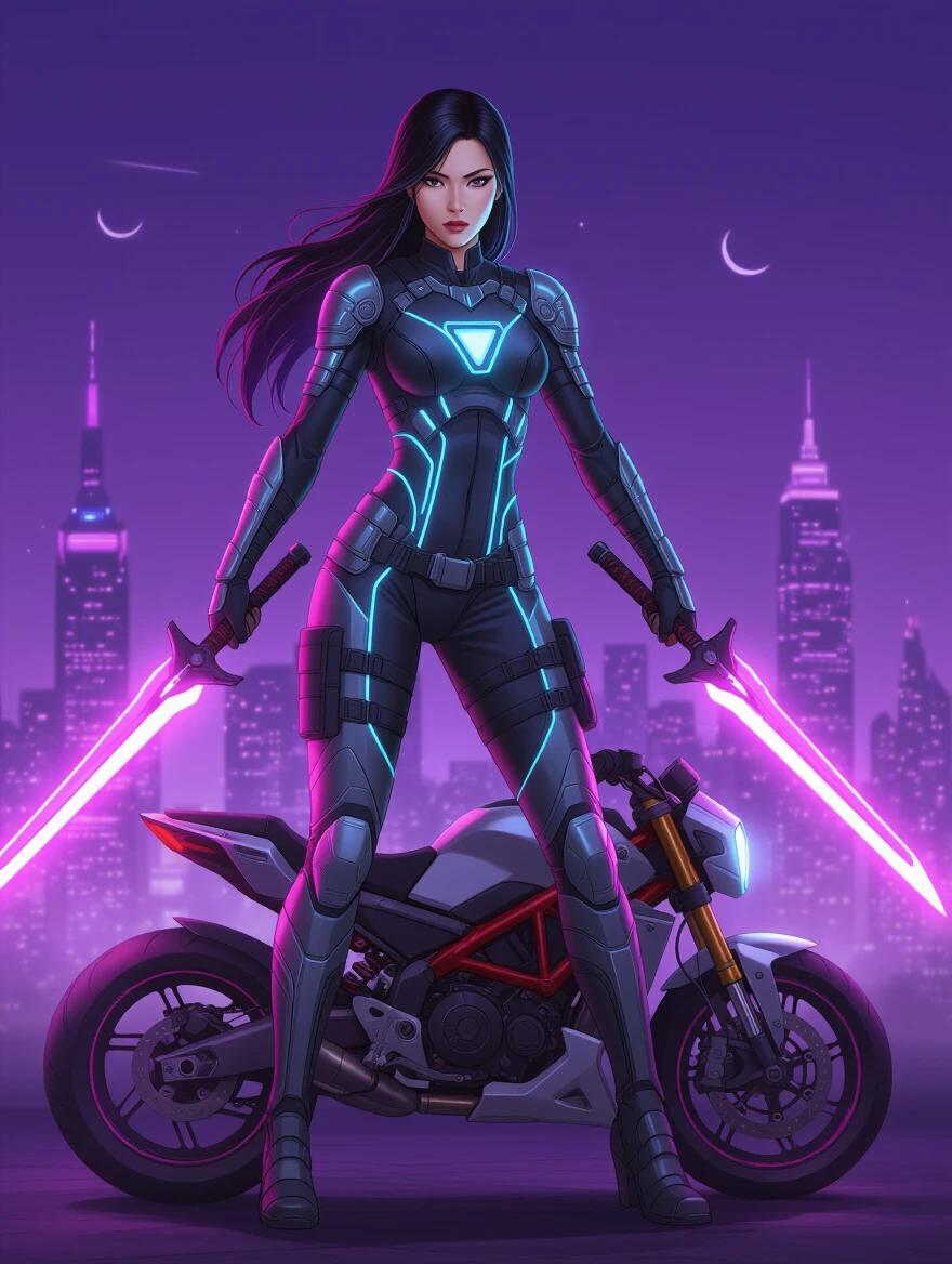 A femme fatale with East Asian features wearing a glowing bodysuit with armored plates. The character has twin plasma blades strapped to her thighs. She stands atop a hover bike under a violet-lit skyline.