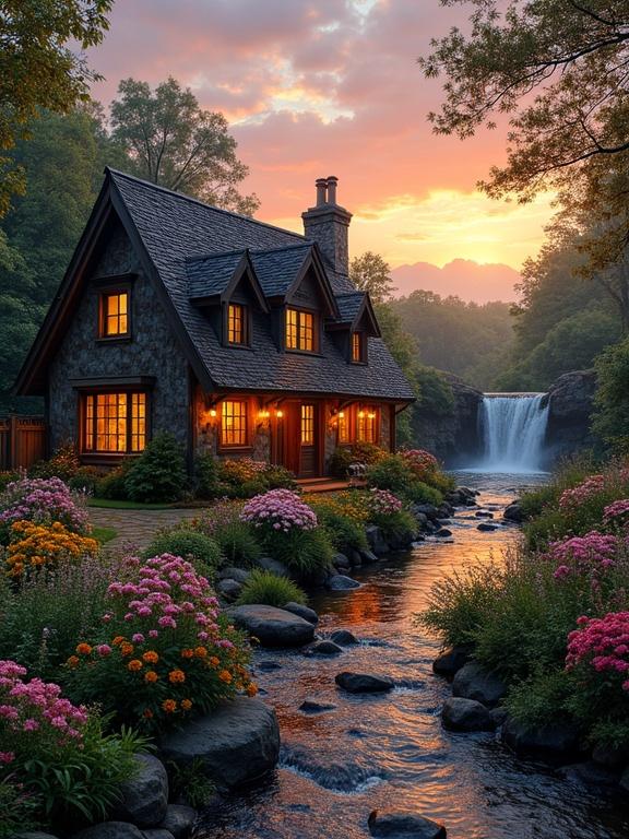 Charming rustic cottage surrounded by vibrant flowers and a stream. Dark slate roof with warm lights in windows. Waterfall in the background. Sunset creating a beautiful sky.