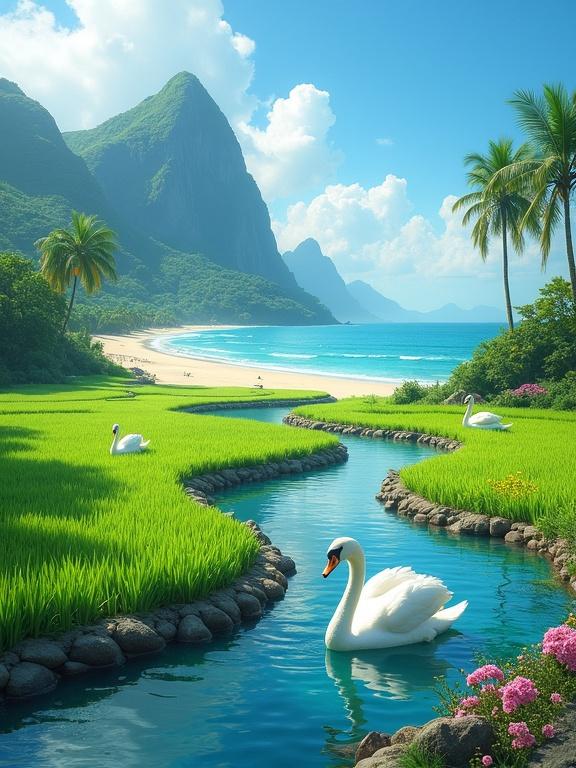 A picturesque landscape features a stream winding through lush rice paddies. White swans glide peacefully on the clear water. Sandy beach and turquoise ocean are visible with towering mountains in the background. The scene is vibrant under a bright blue sky with fluffy clouds.