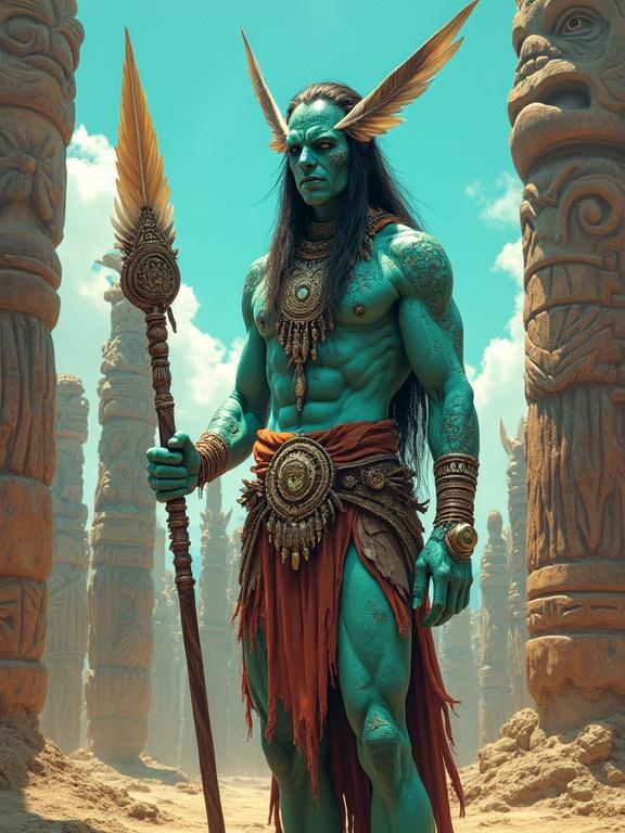 Mystical humanoid with turquoise skin and tribal patterns in a vibrant tribal village. Holding a ceremonial staff and surrounded by totems. Dark fantasy theme with anime style influence.