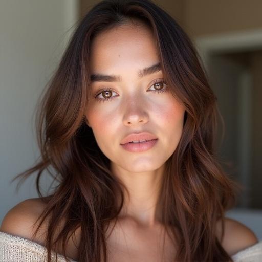 Snap picture of a cute female influencer with Eurasian features. She is 28 years old with brown hair and brown eyes.