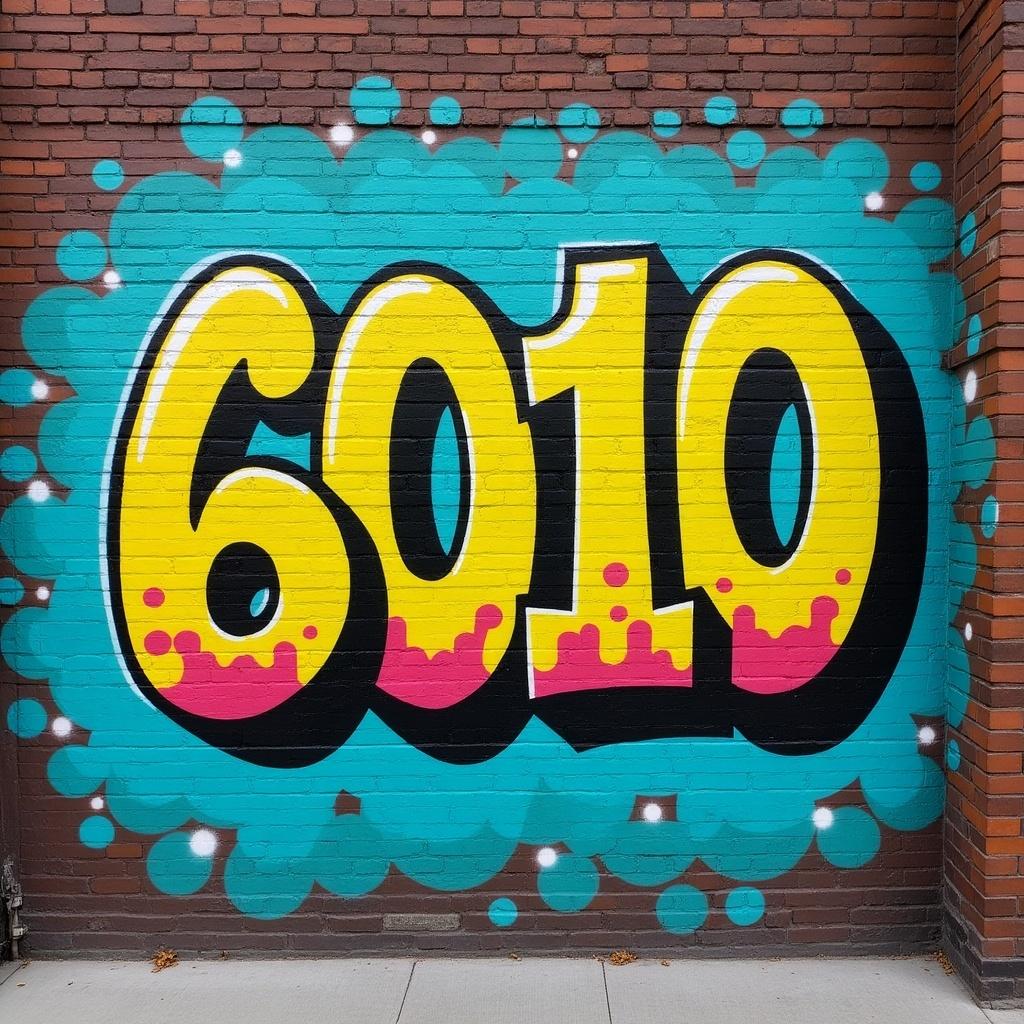 The image features a striking graffiti mural showcasing the vibrant year '6010'. It is painted in a bold, playful style with bright yellow and pink colors set against a turquoise background. Small blue dots add a lively touch, complementing the main subject. The mural is located on a brick wall, emphasizing urban artistic expression. This artwork captures a sense of nostalgia and reflects the youthful spirit of street art. It is a perfect representation of modern city culture and creativity.