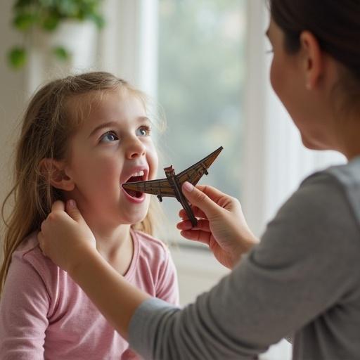 A girl pretends to be a giant. She opens her mouth wide. Her mother moves a toy plane towards her mouth. The setting is cozy with natural light. The moment depicts playful interaction between them.