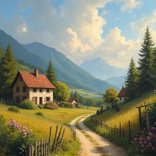 A beautiful painting of a village. A serene rural landscape with quaint houses and lush green hills. A winding dirt road leads through the scene. Bright flowers in the foreground. Soft blue sky with clouds in the background.