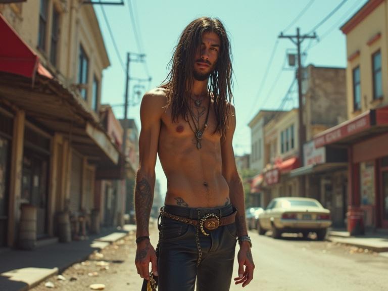 Realistic depiction of a skinny hippie male head with long hair no shirt wearing black leather pants in a sunny dirty city with stores streets and power lines
