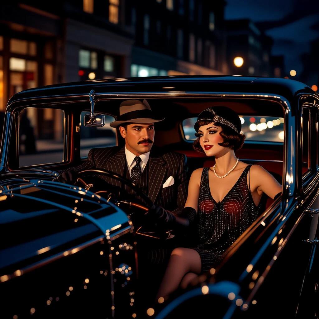 A warm night in the 1920s a couple rides inside a vintage limousine they are dressed in stylish 1920s fashion the man in a striped suit the woman in a flapper dress the scene captures the essence of a glamorous era