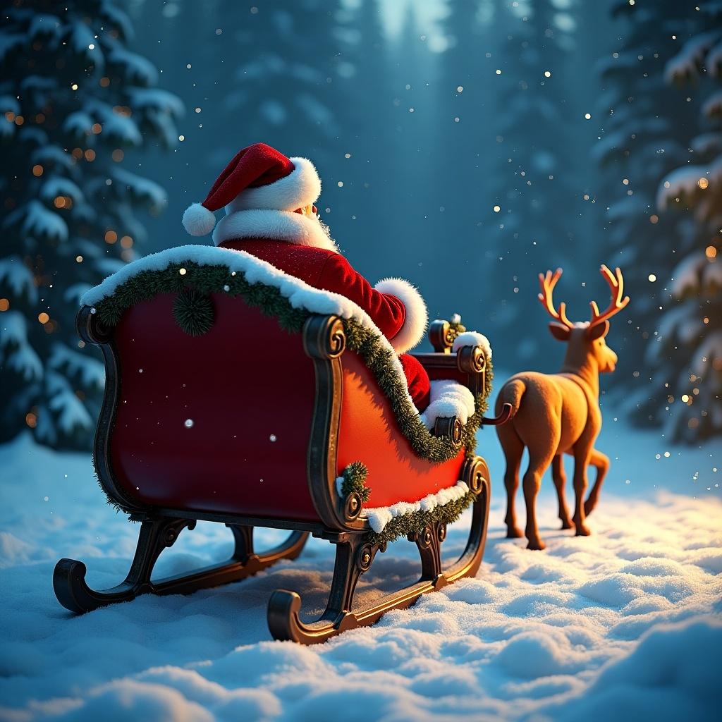 Santa sits on a red sleigh in the snow. A reindeer stands beside the sleigh. The scene is set in a snowy forest with soft lighting.