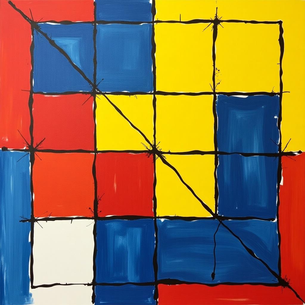 Create a De Stijl style artwork. Incorporate primary colors. Use squares to convey peace and harmony. Emphasize a diagonal line across the squares.