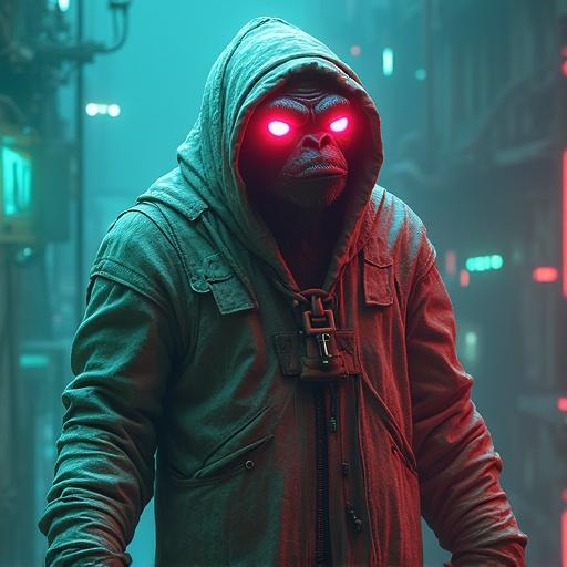 Depicts a futuristic retro cyberpunk style figure resembling an Ape Mummy. The design features a blue-green light-tan palette with glowing pink accents. The character has a hooded appearance and is surrounded by a dynamic environment.