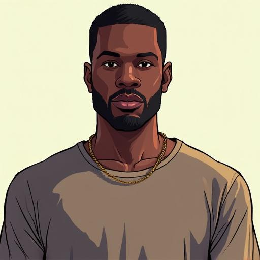 Digital illustration of a black male character with a neutral expression. The character is facing directly toward the camera in a full-frontal view. Light is coming from the right side with no shadows. The character wears a solid color t-shirt and has no accessories. The background is solid color. The style resembles Grand Theft Auto with a comic vibe.