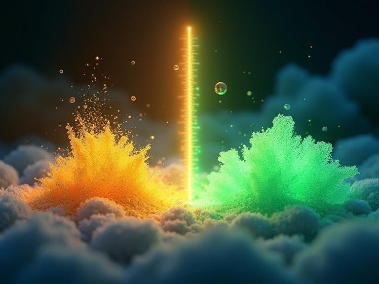 Striking scientific illustration depicting two states. Left side shows yellow-emitting sand-like texture. Right side illustrates green-emitting crystalline growth. Horizontal temperature scale marked at 80 degrees divides the states. Colorful fluorescence displays switchable emissions. Central area features amazing effects. Background has soft cloud texture on left and sharp geometric shape on right. Clean layout for chemistry journal cover.