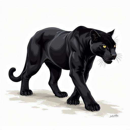 Illustration of a panther. Realistic style. Full body view. Side angle. Black fur. Yellow eyes. Defined muscles. Solid stance.
