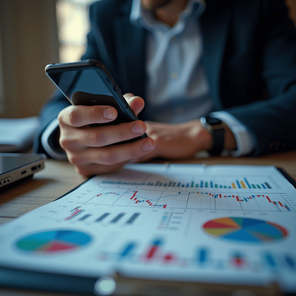 A person in a suit checking their phone with financial charts and graphs in the foreground.