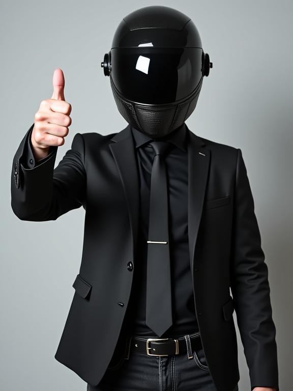 Futuristic stylish outfit worn by a person with a glossy black helmet. The person has a full-face helmet and is dressed in a black suit jacket with a black shirt and tie. Dark jeans with a silver-toned buckle enhance the look. Right arm is raised with a thumbs-up gesture. Solid light grey background.