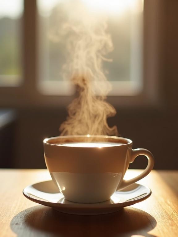 Realistic image of a steaming cup of coffee on a wooden table with natural light through a window. Background is softly blurred. A small saucer under the cup adds elegance. Steam rises from the coffee, representing warmth. Scene captures the essence of enjoying a hot beverage in a cozy environment.