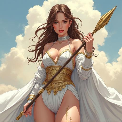 Imagine a girl with a spear in anime art style featuring expressive textures and photo-realistic techniques. Use a vibrant colorful palette and fluid brushwork to create a hyper-detailed portrait. The girl has brown hair with blonde tips, short over her shoulders, wearing a white robe that resembles a queen's armor. She has a golden tattoo on her leg, dark eye makeup with lines at the edges, and red lipstick. Display her full body with two hands and five fingers on each. The robe should depict a regal appearance.