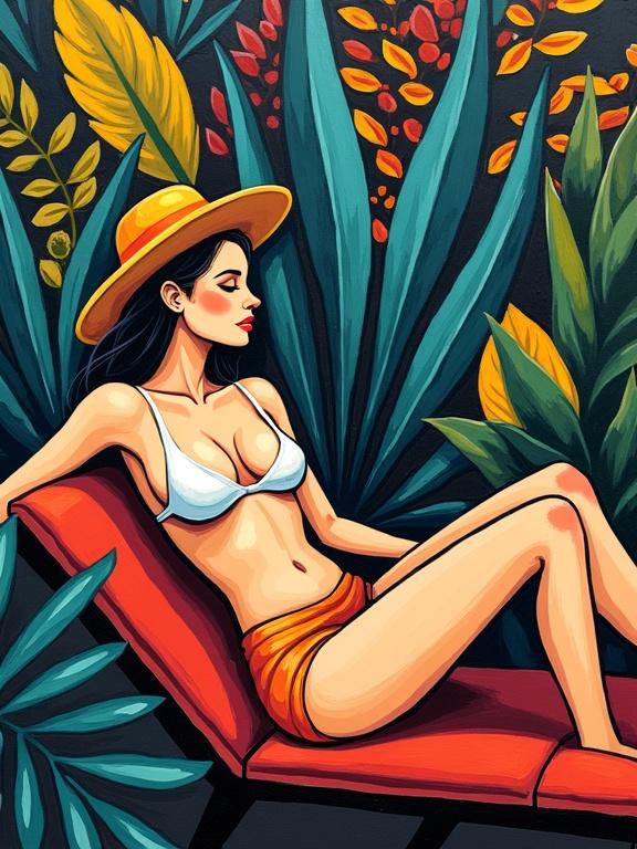 A woman lounges in a jungle of abstract foliage. Matisse-inspired Fauvism style. Oil on canvas, flat brushwork. Scene evokes exotic, relaxed, sensual feeling. Bold color blocks and vivid complementary palette. Figure located in lower third. Features stylized plant forms and solid black contour outlines.