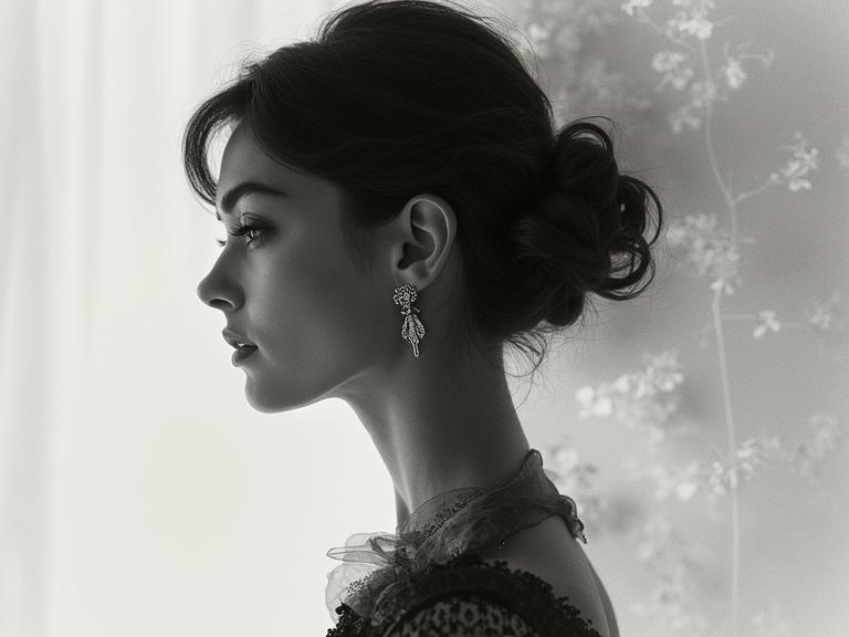 A stylized double exposure image features the profile of a woman. She wears elegant earrings and a flowing garment. The background shows soft flowers. The composition is monochromatic, using shades of black and white.