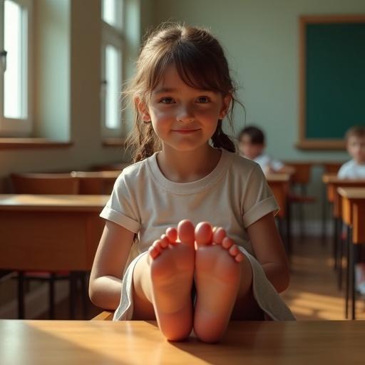 Girl smiling while showing her bare feet in a classroom setting. Captured with high detail and realistic shading.