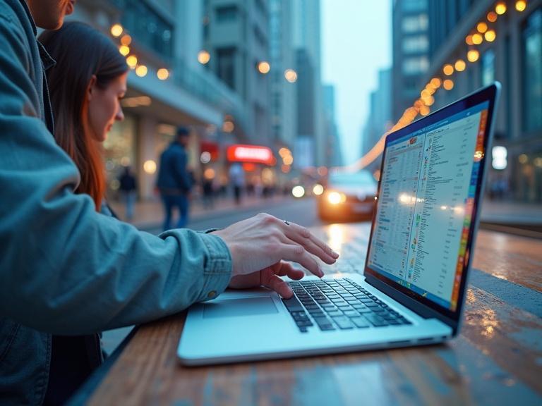 Photo of a person using a laptop outdoors in a city. A soft evening light gives a warm atmosphere. The laptop screen shows data related to business opportunities. Another person is situated nearby. The urban street is bustling.