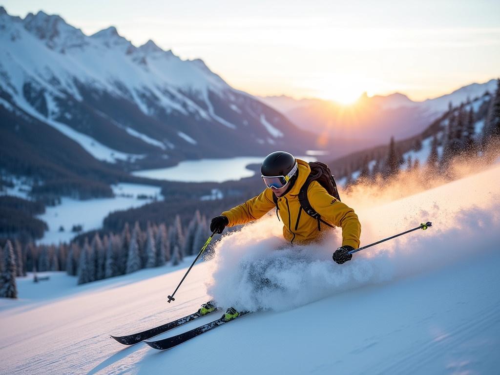 A skier is racing down a snowy mountain, their yellow jacket contrasting against the bright white snow. The mountains in the background are majestic, with peaks that are dusted with snow. Below, a winding valley is visible, surrounded by trees blanketed in snow. The sun is setting, casting a golden glow over the landscape. The skier is making dynamic turns, sending up sprays of powder as they glide along the slope. The scene feels exhilarating and peaceful, capturing the thrill of winter sports.