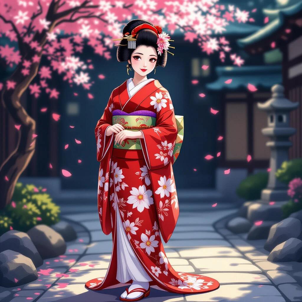 A girl in a traditional Japanese geisha outfit stands gracefully. She wears a red kimono adorned with floral patterns. Her hair is styled with okobo and she has subtle makeup. The background features cherry blossom trees. The scene captures an elegant yet relaxed atmosphere with warm lighting.