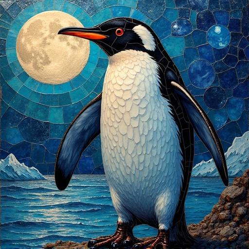 A penguin showcased prominently against a backdrop of multi-layered iridescent ceramic tiles and glass mosaic elements. The scene is lit by a mystically glowing moon. The art style incorporates a textured scratchboard effect and encaustic wax details.