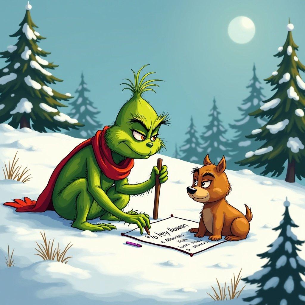 The Grinch writes in the snow with a stick. The setting features snow-covered hills and evergreen trees. The Grinch is green and wears a red scarf. A small brown dog sits beside him.