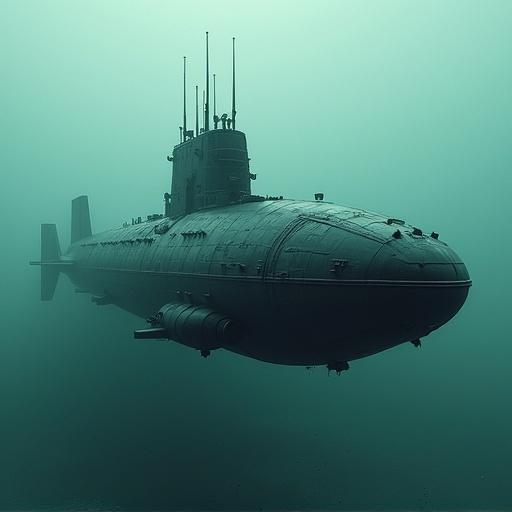 A futuristic submarine designed with a square style. The submarine is shown deep underwater in a greenish environment. The image evokes a feeling of advanced technology and mystery. The submarine has multiple antennas and a sleek body, emphasizing its badass design.