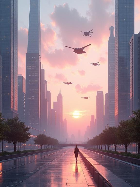 Futuristic city at sunset. Tall glass skyscrapers surround a clean street. Flying cars appear in the sky. Soft pink and orange clouds fill the atmosphere. A river reflects city lights. A few people walk in high-tech outfits.