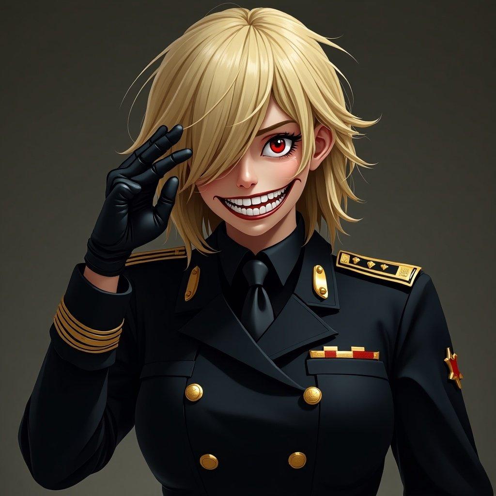 Character in a stylish black commander's uniform. She has blonde hair. The hair covers one right eye. She wears a black glove and smiles with sharp teeth. One eye is red. The expression appears crazy. The pose includes a salute.