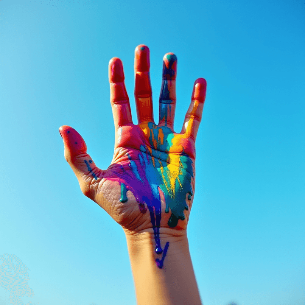 A hand covered in vibrant, dripping paint is raised against a clear blue sky.