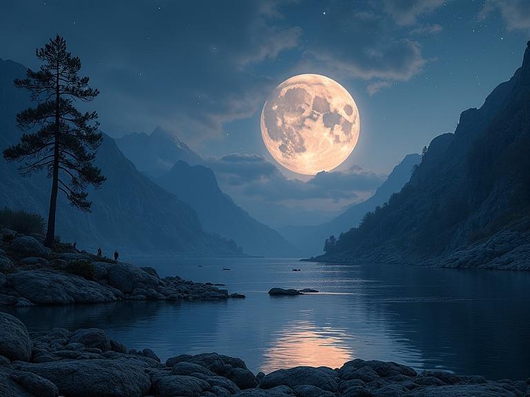 View of a landscape under the full moon with mountains and reflections on water.