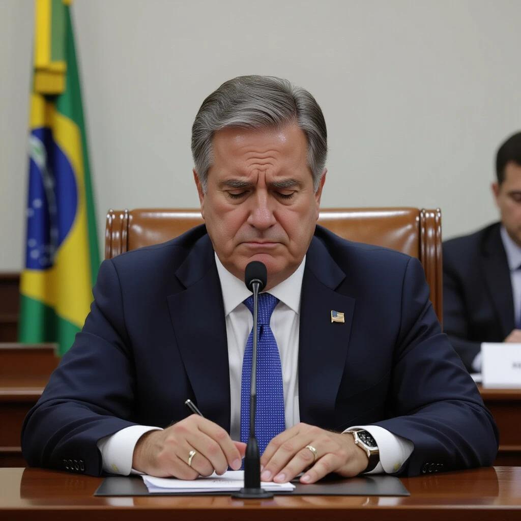 Former president at Senate hearing. Emotional expression while writing. Cinematic lighting and tears visible. Significant political moment.