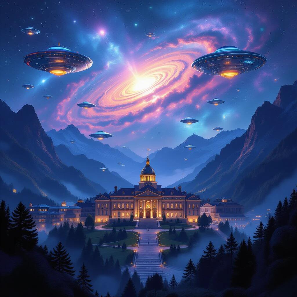 Drone shot of a capital city town hall in a mystical society nestled in mountains. Features alien technology such as mystical blimps and hot air balloons. Flying hexagonal forts and saucers filled with a magical nebula.