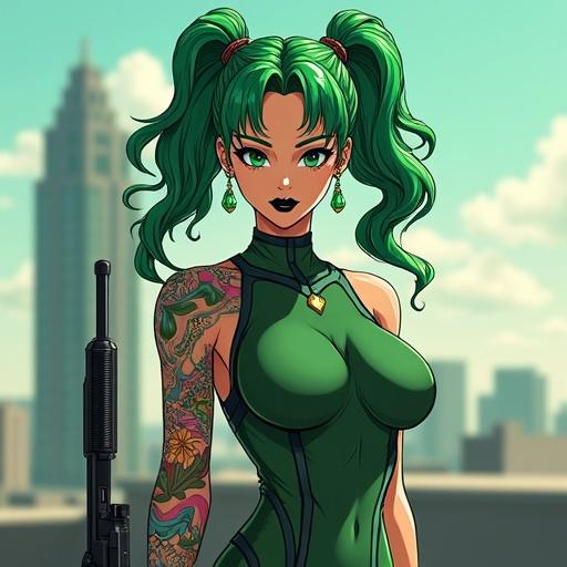 A young woman stands on a government rooftop. She has emerald green eyes and oversized emerald green curly pigtails. The character wears a black hole society assassin bodysuit and displays colorful traditional Japanese tattoos. She holds a fitted sniper gun and has a professional look. Bright morning lighting sets the scene with Dallas city in the background.