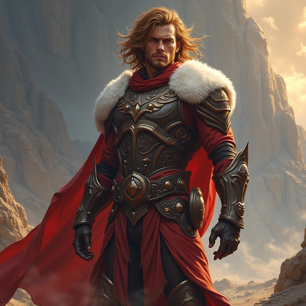 A magnificent fantasy warrior in ornate armor. The character wears a red and gold outfit with a white fur collar. The scene is set against a stunning mountainous background. The atmosphere conveys strength and heroism.