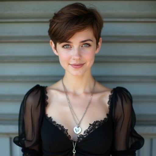 Photograph of a young woman with short brown hair styled in a pixie cut. She stands in front of a blurred background with horizontal lines. She has light skin and blue eyes, wearing a black dress with sheer puffed sleeves and a deep V-neck. A slight smile on her face. Long silver necklace with a heart-shaped pendant and a longer chain with a circular pendant. The background is out of focus to highlight her.