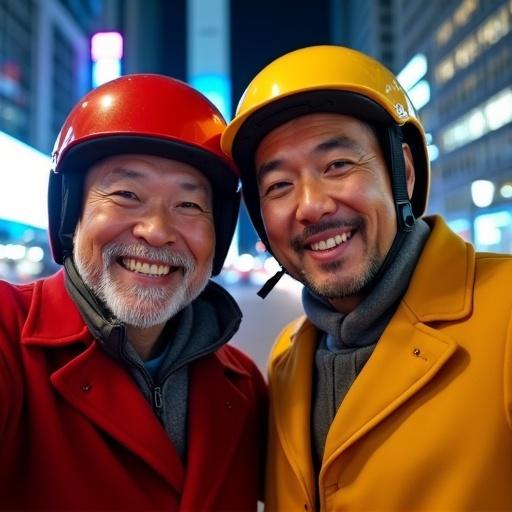 Two middle-aged Asian men with red and yellow helmets and coats pose on a city street at night. Urban backdrop shows high-rise buildings and neon lights. Happy expressions capture a lively atmosphere. Center composition highlights their joyful selfie moment.