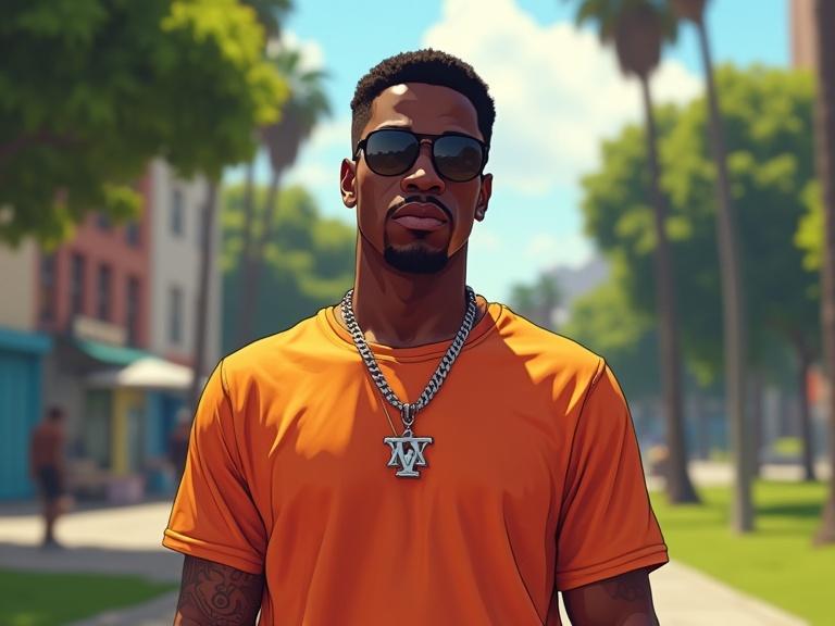Confident Black male rapper standing in a bright park during the day. Full frontal view. Bright and even sunlight illuminates the scene. He wears a solid orange t-shirt. Background features lush greenery and typical park elements. Image has sharp quality and vivid colors.