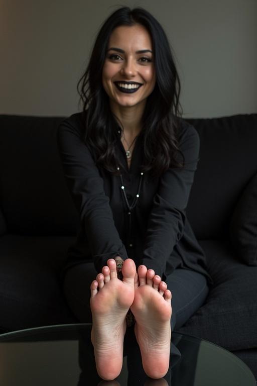 Goth woman in black clothing sitting on a black couch. She displays henna on the soles of her bare feet on a glass table. Long dark hair complements her look. She smiles to convey warmth.