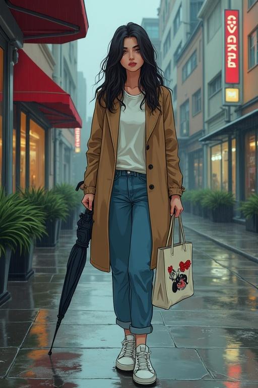 A female character walks down a rainy urban street. She wears a long coat with straight jeans and white sneakers. An umbrella is attached to her tote bag. She carries a bag with artistic pins. The street is adorned with modern cafes and subway stations. Rain creates reflections on the pavement.