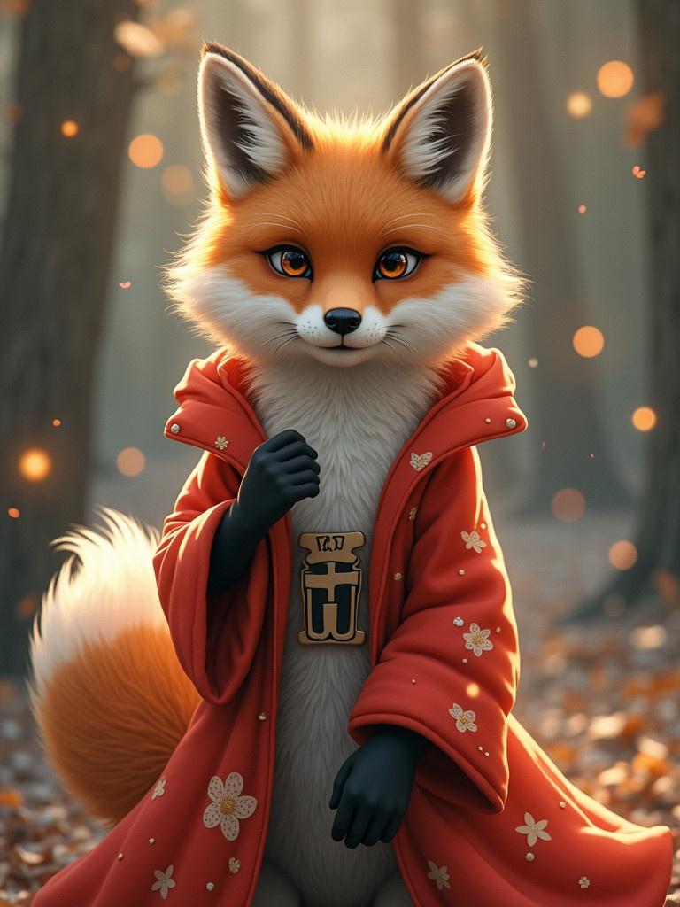 Female fox character dressed in a traditional red kimono. Celebrating the New Year 2025 in a serene forest. Surrounded by autumn leaves and soft light.