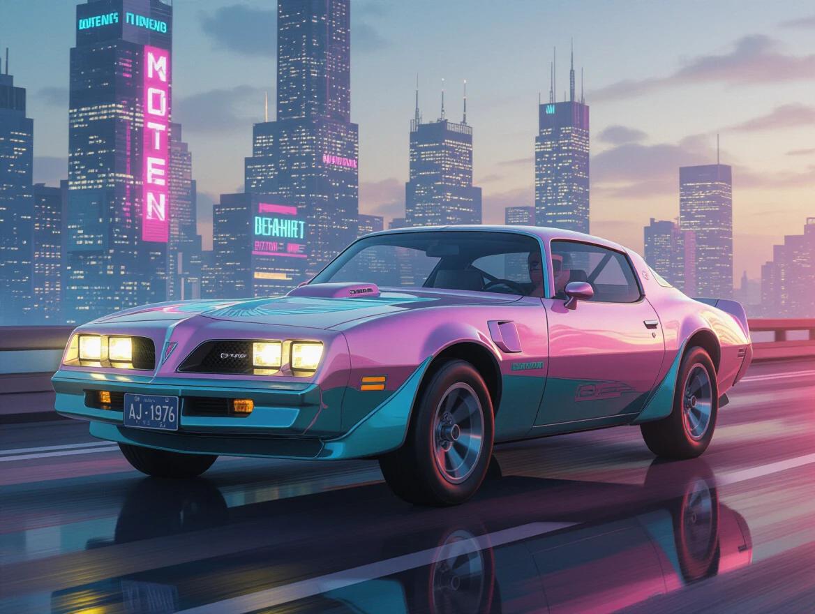 A pink and teal 1976 Pontiac Trans Am drives through a cyberpunk city. The skyline features neon signs and modern skyscrapers. A license plate reads AJ-1976.
