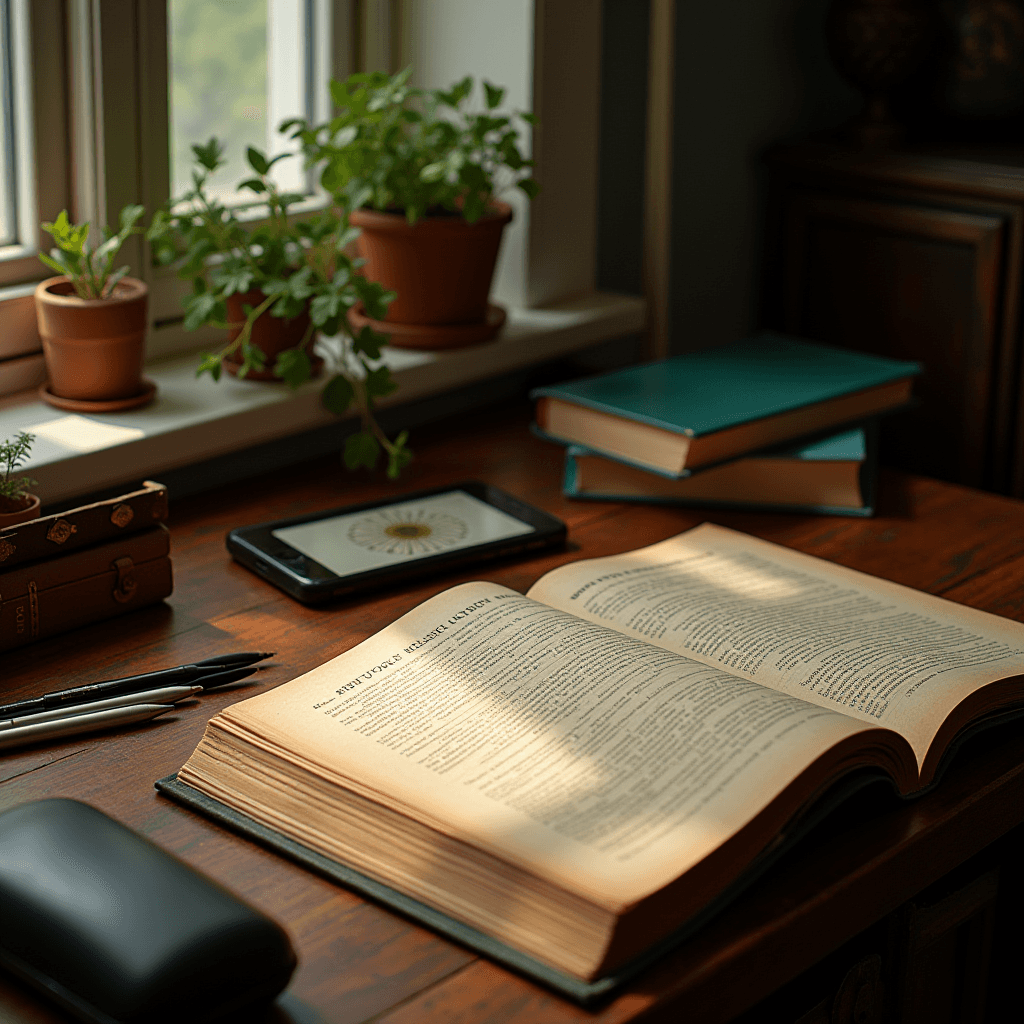 An open book on a wooden desk beside a window with potted plants and a digital device nearby.