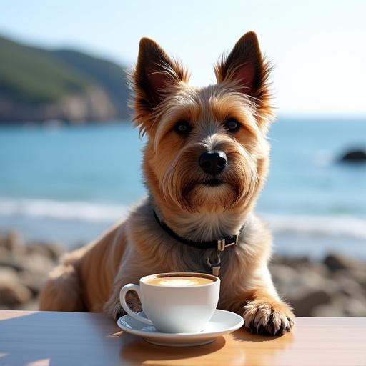 Medium hairy brown dog with upright ears and relaxed expression sitting by a cup of coffee on a table by the sea.